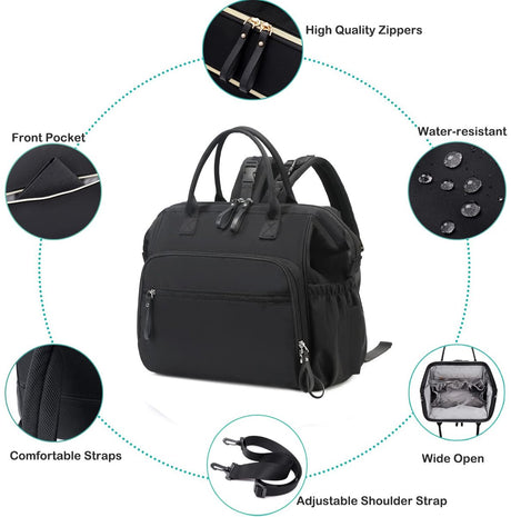Convertible Nappy Backpack with Stroller Clip, 14 Pockets, Black