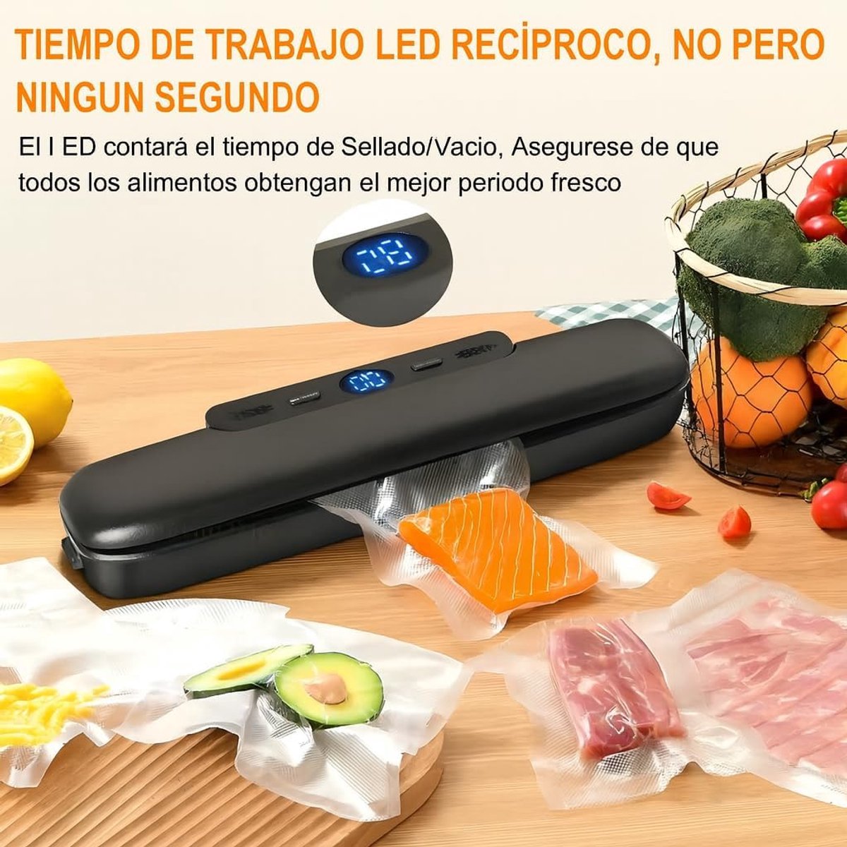 Sealed vacuum bags of meat and produce ready for fridge or freezer