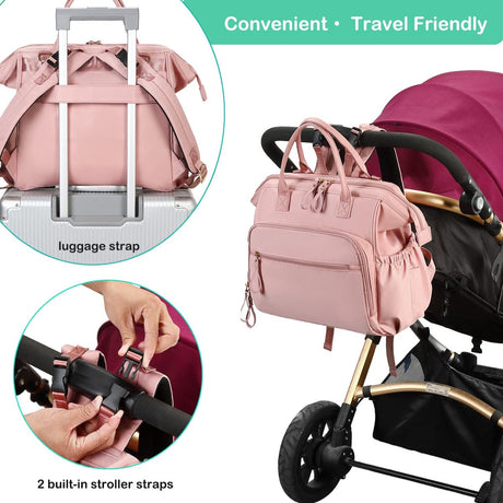 Convertible Nappy Backpack with Stroller Clip, 14 Pockets, Pink