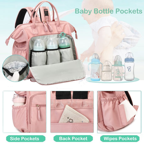 Convertible Nappy Backpack with Stroller Clip, 14 Pockets, Pink