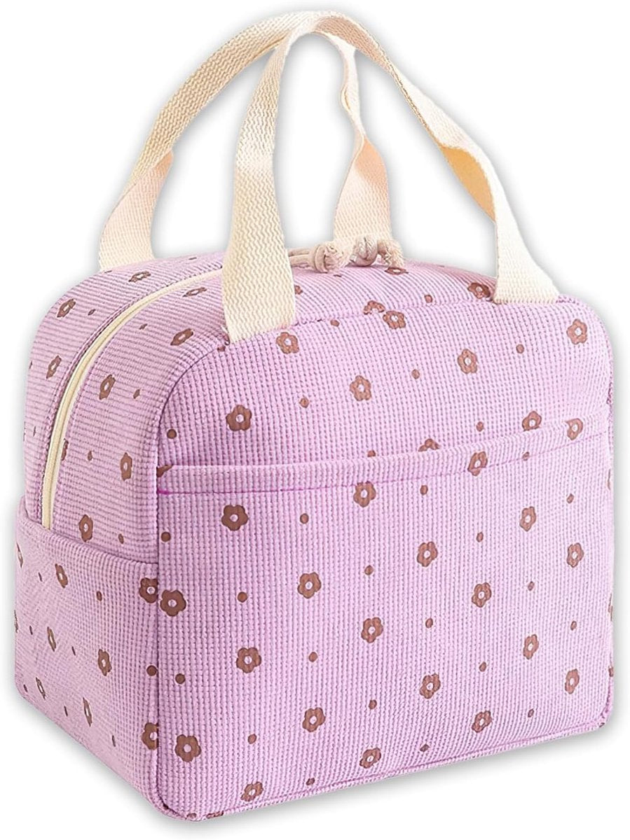 Purple corduroy insulated lunch bag with printed design and foil lining