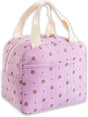 Purple corduroy insulated lunch bag with printed design and foil lining