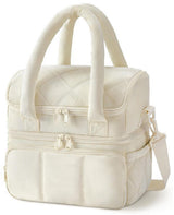 Beige double layer insulated lunch bag with leak proof lower compartment