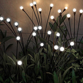 Cool white solar firefly lights in decorative pots along a garden path