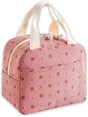 Pink corduroy insulated lunch bag with printed design and foil lining