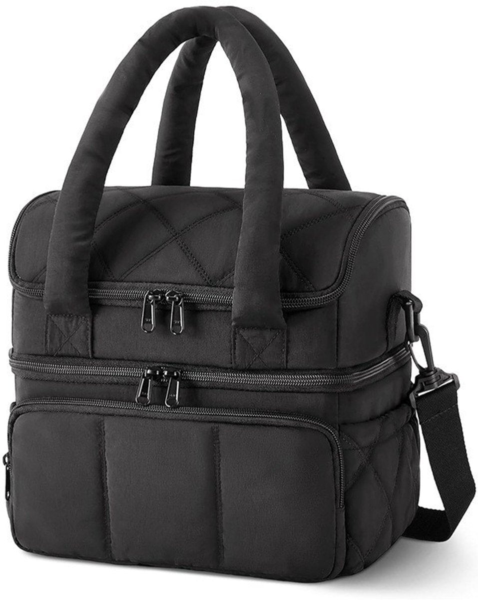 Black double layer insulated lunch bag with leak proof lower compartment