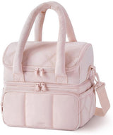 Pink double layer insulated lunch tote with separate compartments
