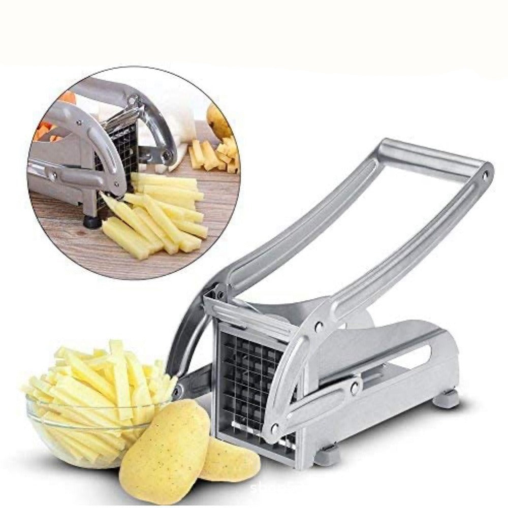 Stainless steel manual chip cutter with lever handle for slicing potatoes into strips