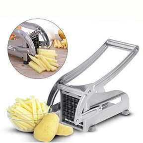 Stainless steel manual chip cutter with lever handle for slicing potatoes into strips
