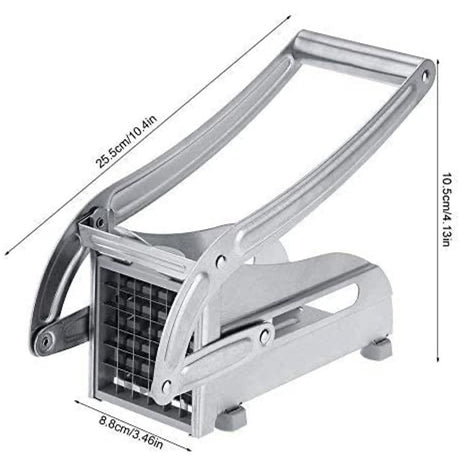 Manual potato slicer cutting a potato into even chip strips
