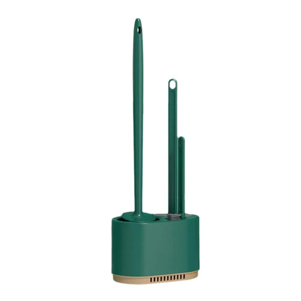 Dark green 3 in 1 toilet brush and plunger set in a vented wall mounted holder