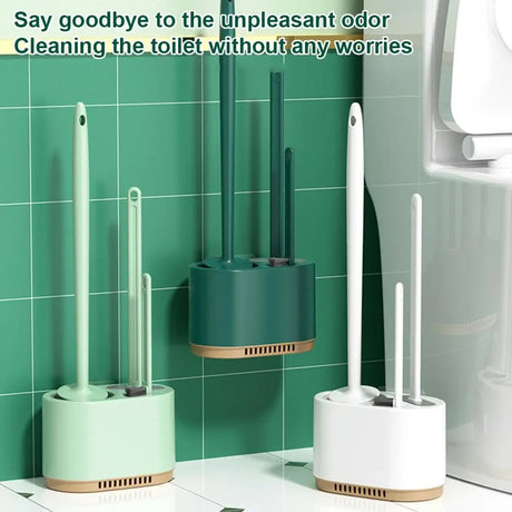 Dark green toilet brush with dense flexible bristles lifted from its holder