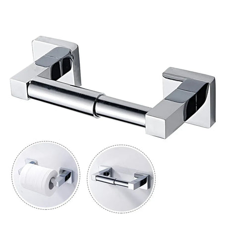 Chrome wall mounted toilet paper holder with a square profile and spring loaded centre bar