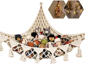 Beige stuffed animal storage hammock net mounted in a room corner