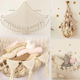 Beige corner storage net filled with soft toys
