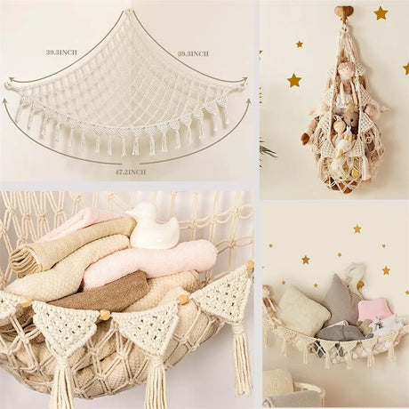 Beige corner storage net filled with soft toys