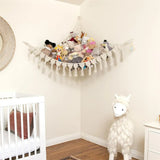 Cotton macrame storage hammock with tassel detailing