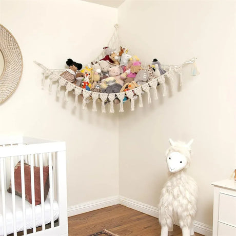 Cotton macrame storage hammock with tassel detailing