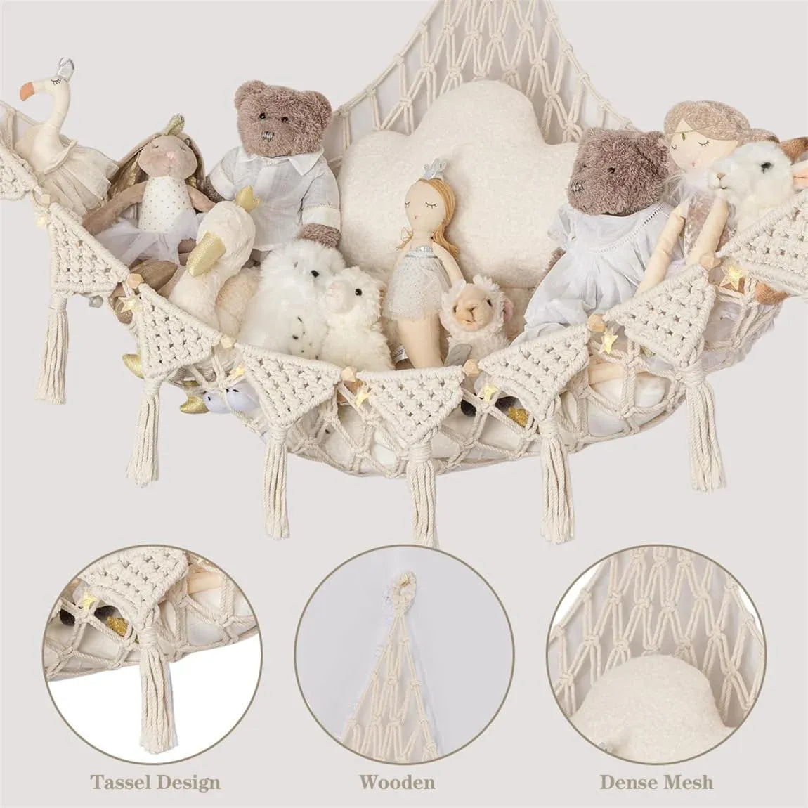 Stuffed animal storage hammock holding plush toys