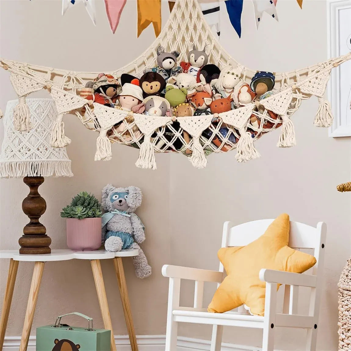 Beige wall hanging soft toy storage net