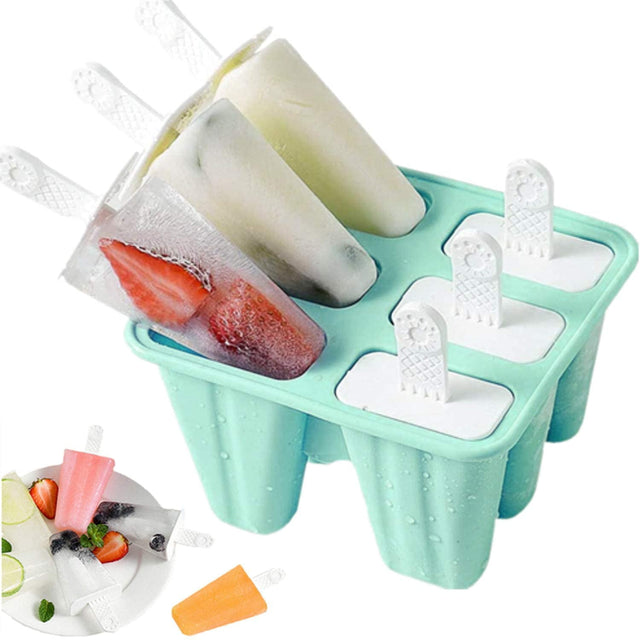 Green silicone six cavity ice pop mould with reusable sticks