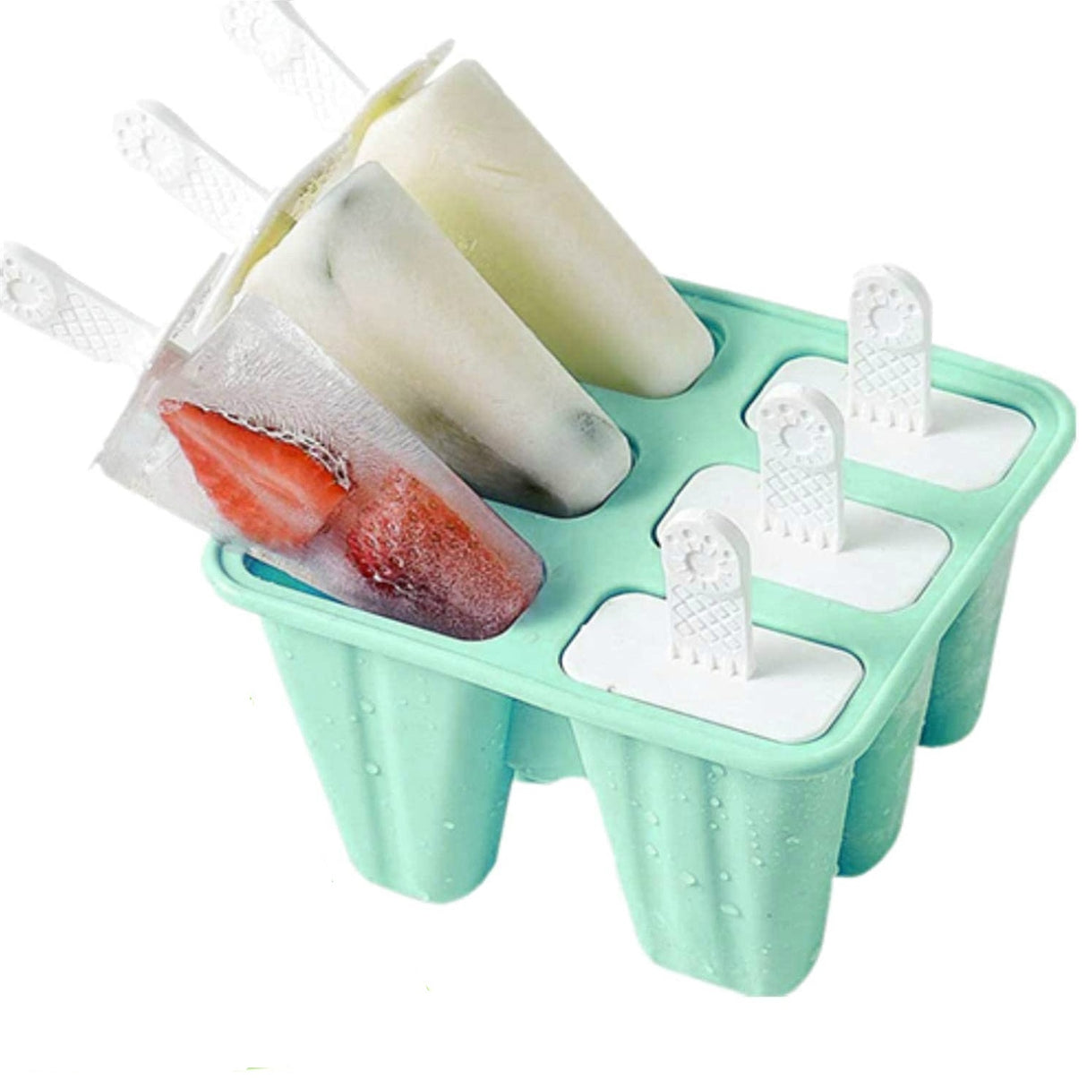 Green silicone six cavity ice pop mould with reusable sticks