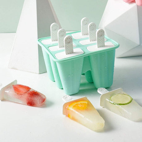 Green silicone six cavity ice pop mould with reusable sticks