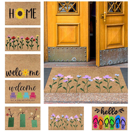 Floral entrance door mat with blue blooms and green foliage on brown