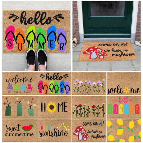 Floral entrance door mat with blue blooms and green foliage on brown