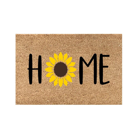Floral entrance door mat with blue blooms and green foliage on brown