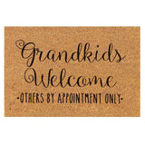 Floral print door mat with blue flowers on a brown ground