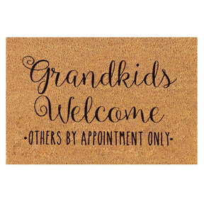 Floral print door mat with blue flowers on a brown ground