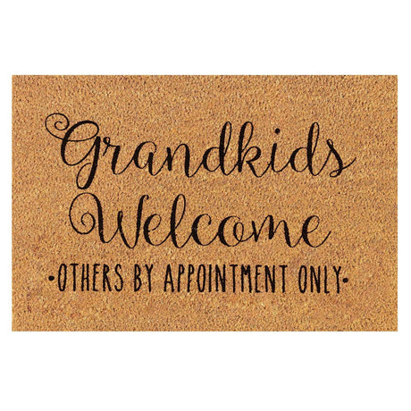 Floral print door mat with blue flowers on a brown ground