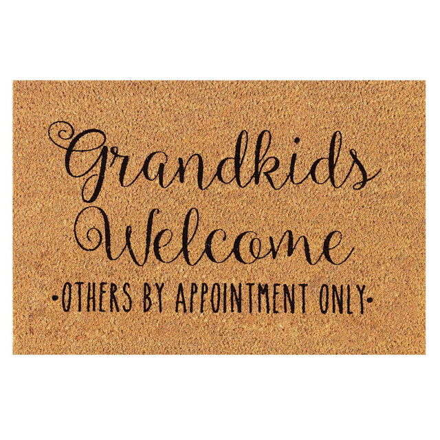 Floral print door mat with blue flowers on a brown ground