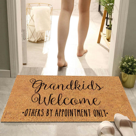 Floral print door mat with blue flowers on a brown ground