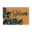 Floral print door mat with blue flowers on a brown ground