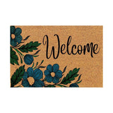 Floral print door mat with blue flowers on a brown ground