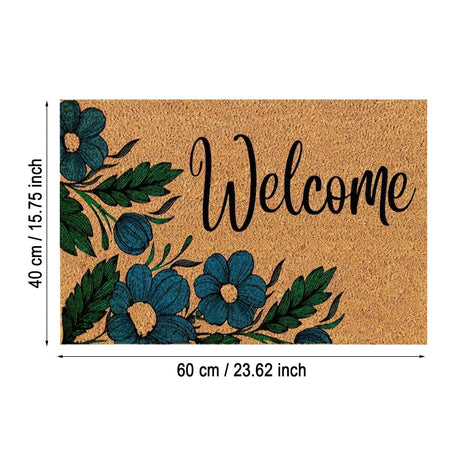 Floral print door mat with blue flowers on a brown ground