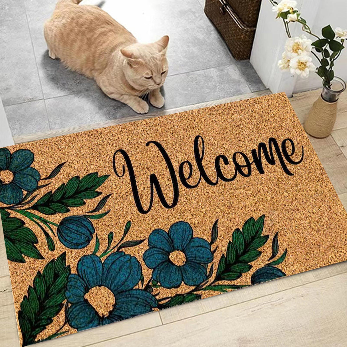 Floral print door mat with blue flowers on a brown ground