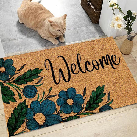 Floral print door mat with blue flowers on a brown ground