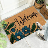 Floral print door mat with blue flowers on a brown ground