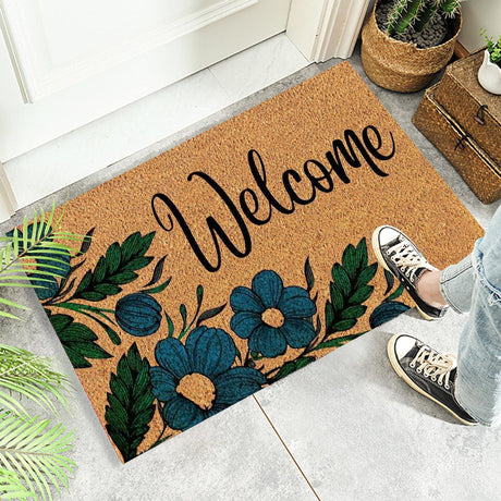 Floral print door mat with blue flowers on a brown ground