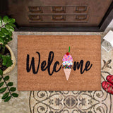 Floral print door mat with blue flowers on a brown ground