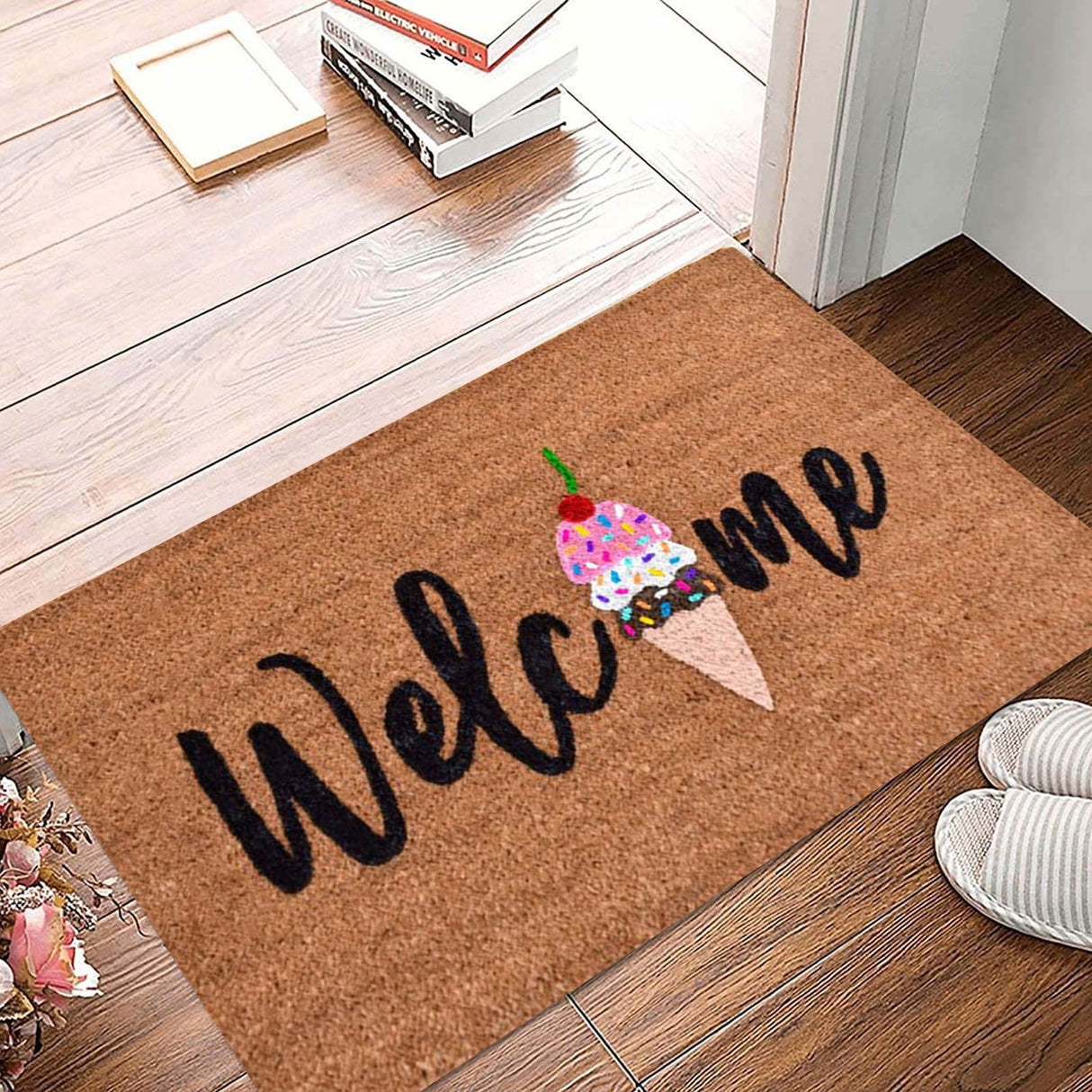 Floral print door mat with blue flowers on a brown ground
