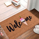 Floral print door mat with blue flowers on a brown ground