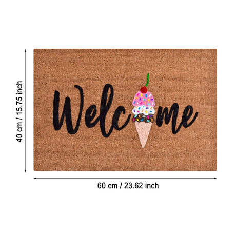 Floral print door mat with blue flowers on a brown ground