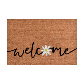 Floral print door mat with blue flowers on a brown ground