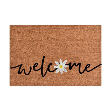 Floral print door mat with blue flowers on a brown ground