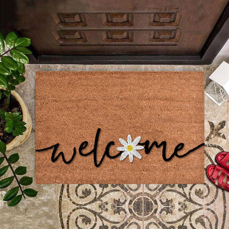 Floral print door mat with blue flowers on a brown ground