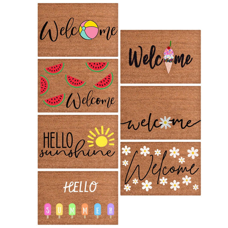 Floral print door mat with blue flowers on a brown ground